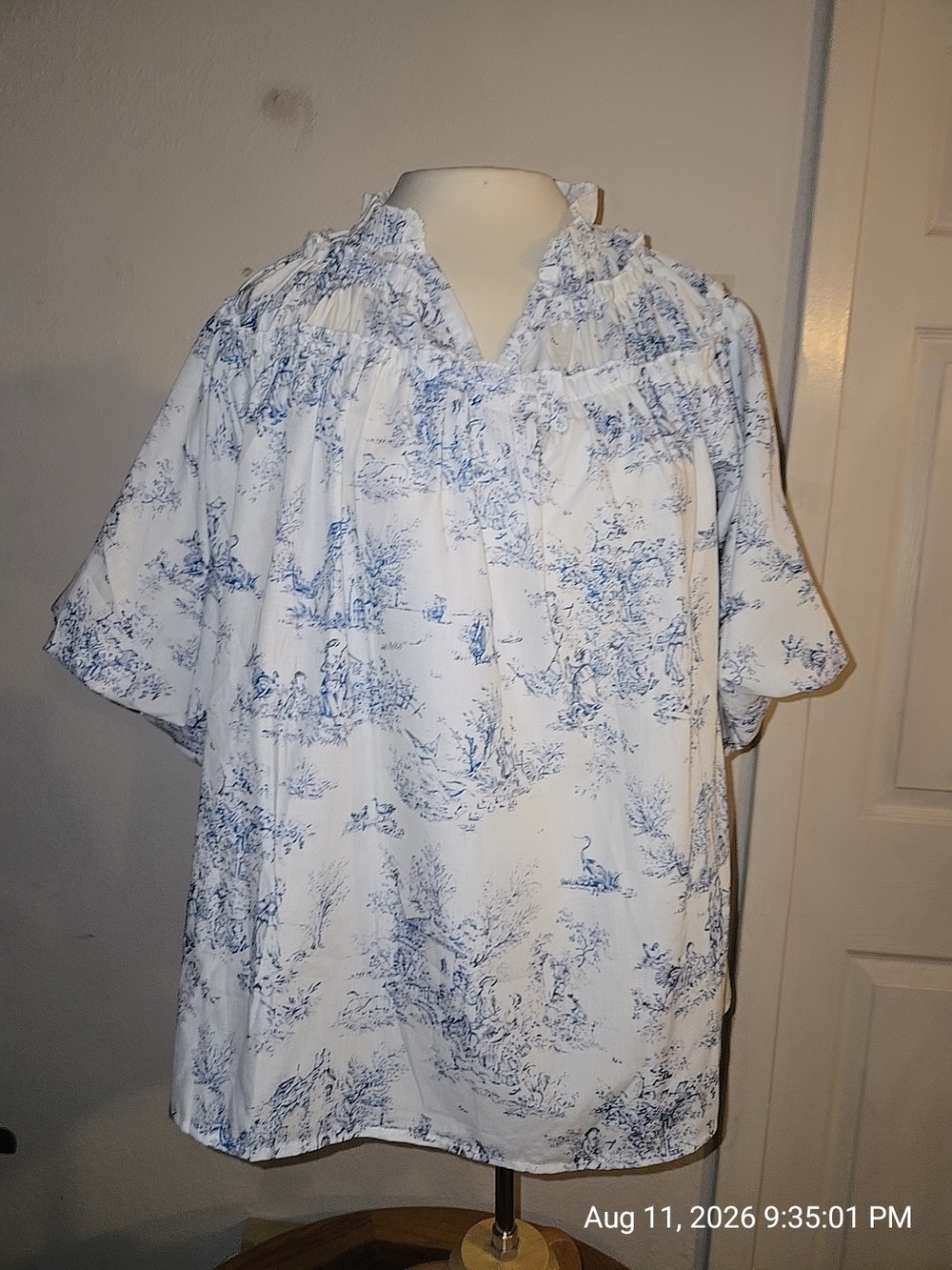 Men's White Shirt with Blue Toile Print